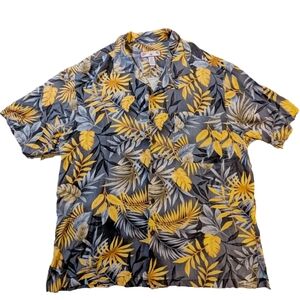 Caribbean Joe Vintage Hawaiian Shirt Button Up Yellow Blue Floral Tropical XL